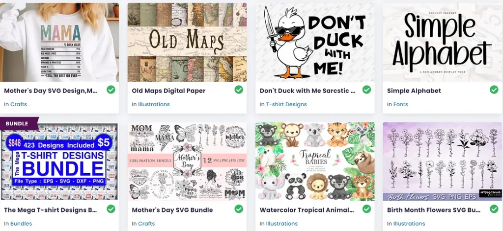 Wide collection of Digital assets ranging from T-Shirt Design Bundles, Fonts and illustraions